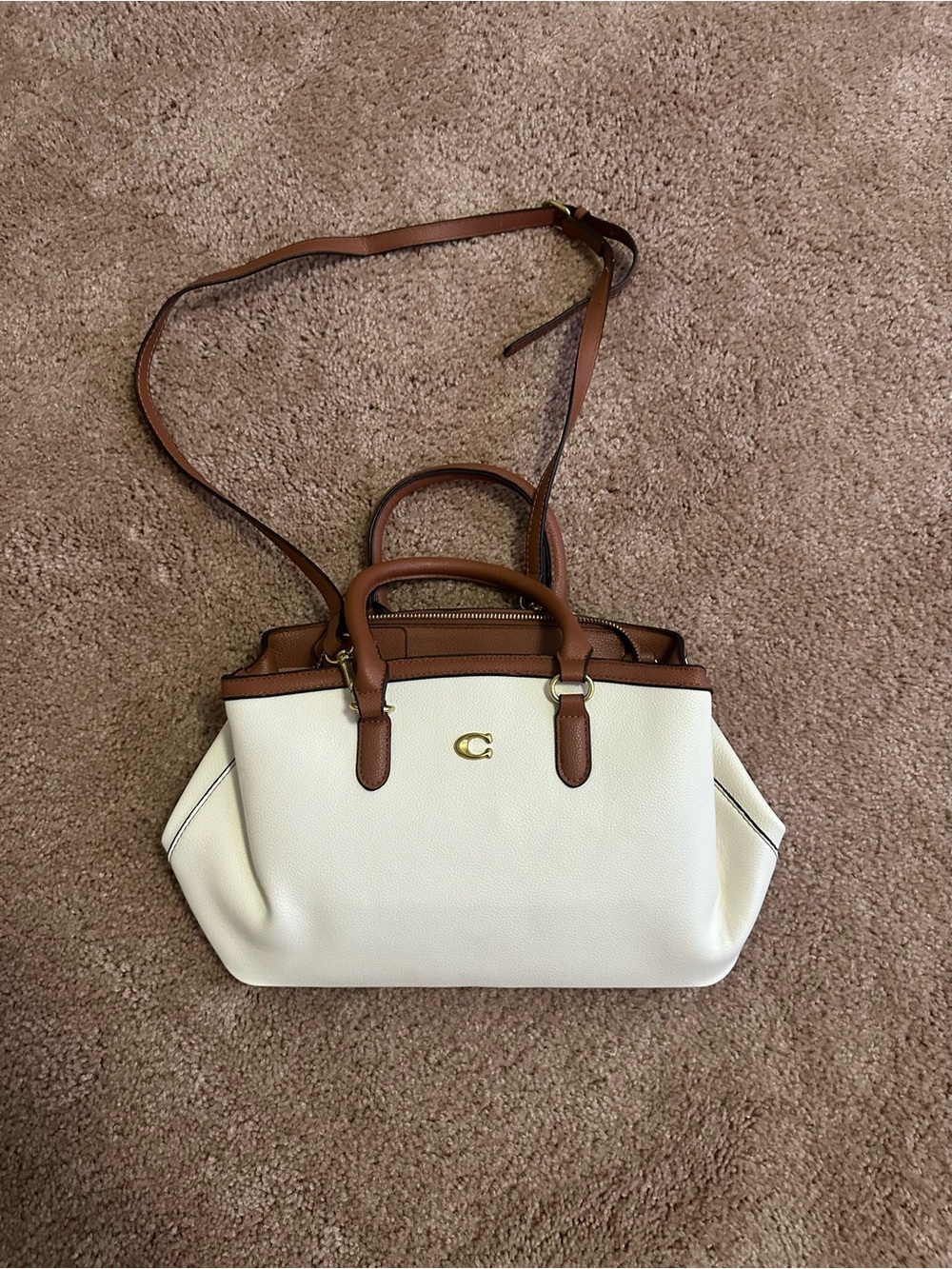 Coach White Pebbled Leather Satchel with Brown Trim and Strap